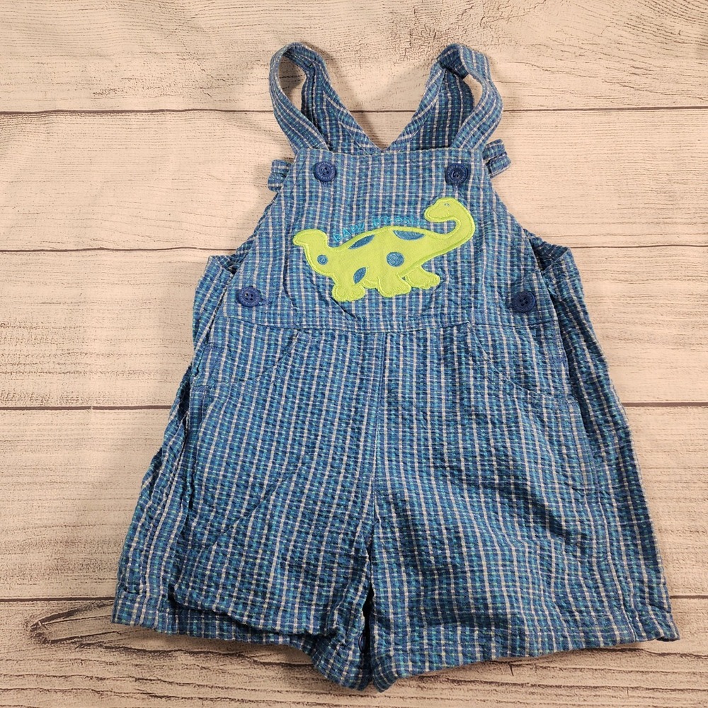 Vintage Baby OshKosh Bgosh Blue Seersucker Dinosaur Vestbak Shortalls 12M